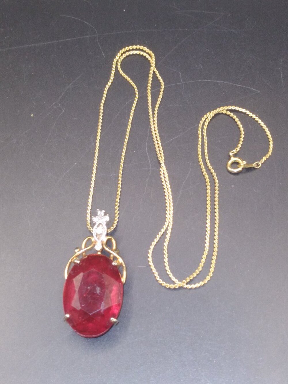Vintage Red Rhinestone Pendant & 24'' Vintage Gold Plated Necklace